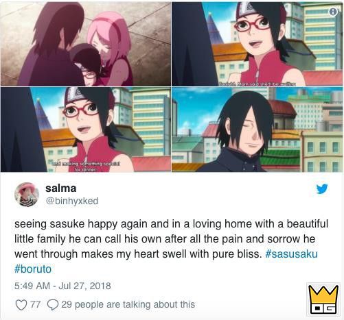 "Nhìn thấy Sasuke hạnh phúc trong một ngôi nhà êm ấm với gia đình nhỏ của mình sau hàng loạt những nỗi đau thế này, trái tim tôi tan chảy vì hạnh phúc".