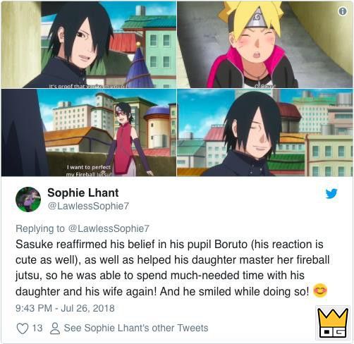 "Sasuke đang truyền sự tin tưởng của mình cho người học trò Boruto (phản ứng của anh mới đáng yêu làm sao) và dạy con gái mình cách làm chiêu thuật. Vậy là giờ anh đã có thể dành thời gian cho vợ con rồi. Hãy xem nụ cười hạnh phúc của anh ấy kìa!".