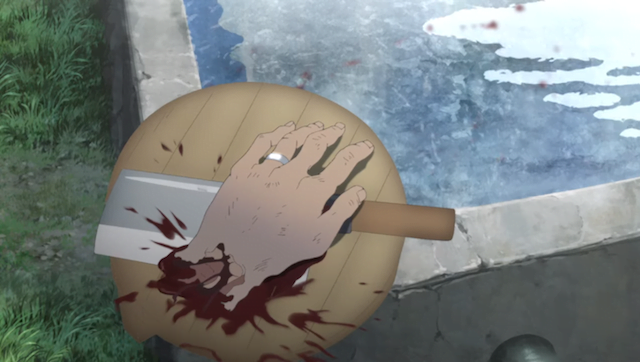 Những mảnh vụn từ cơ thể người bố chết văng tung tóe ngay từ tập 2 của bộ anime