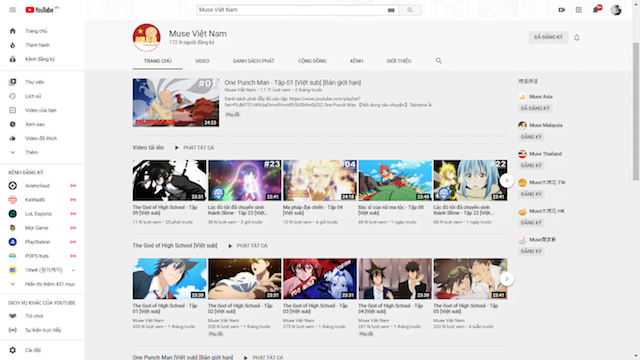 Muse Việt Nam với lợi thế từ Youtube đem lại tốc độ load nhanh nhưng kho anime còn quá ít