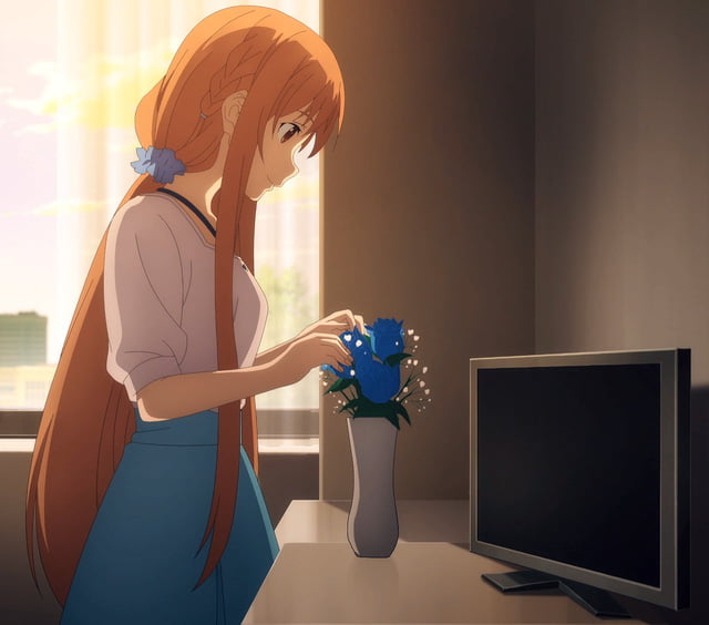 Asuna đến thăm Kirito với bông hoa hồng xanh thể hiện tình yêu của mình với "thánh Hack"