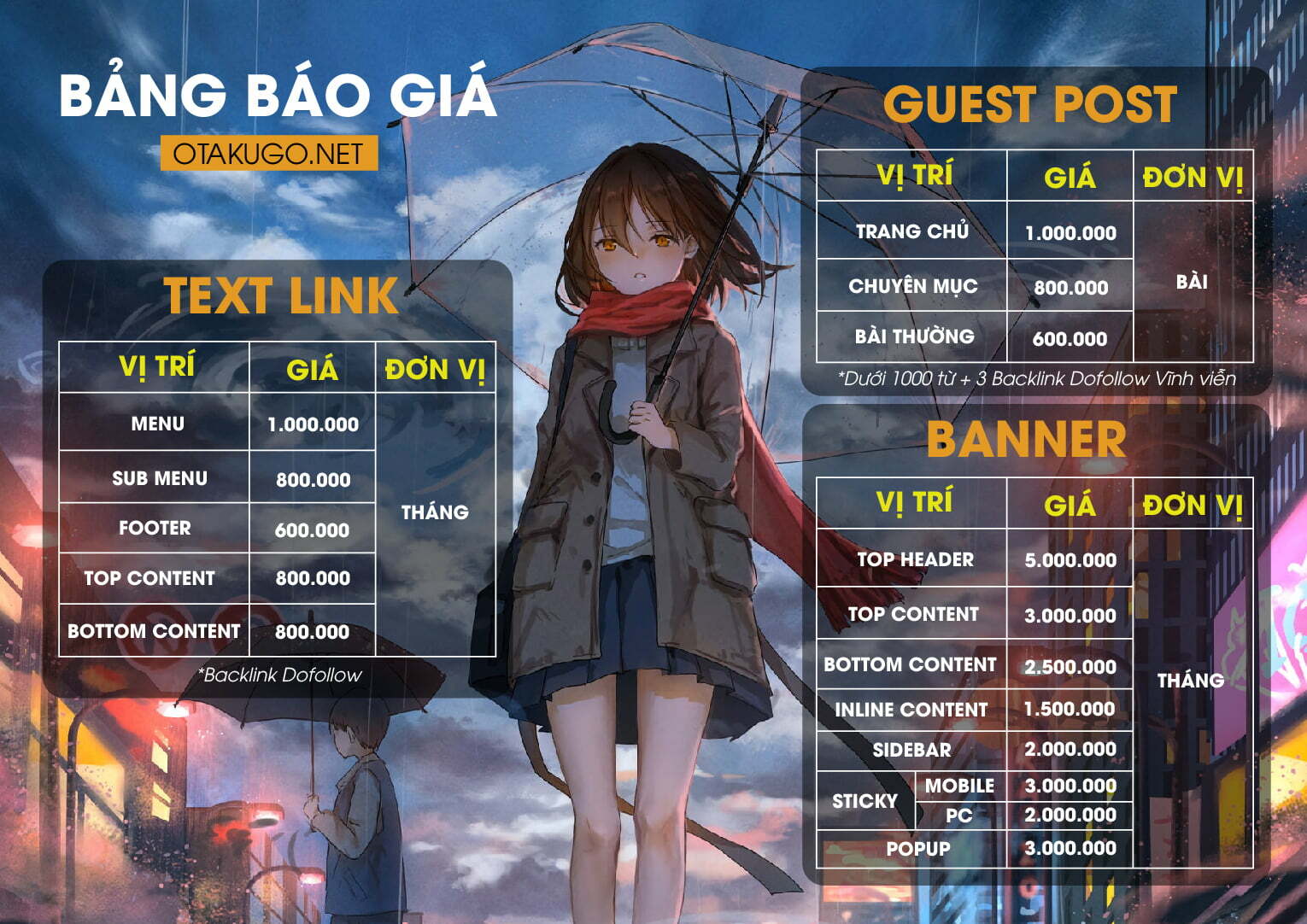Bảng báo giá Guest Post + Textlink + Banner OtakuGO