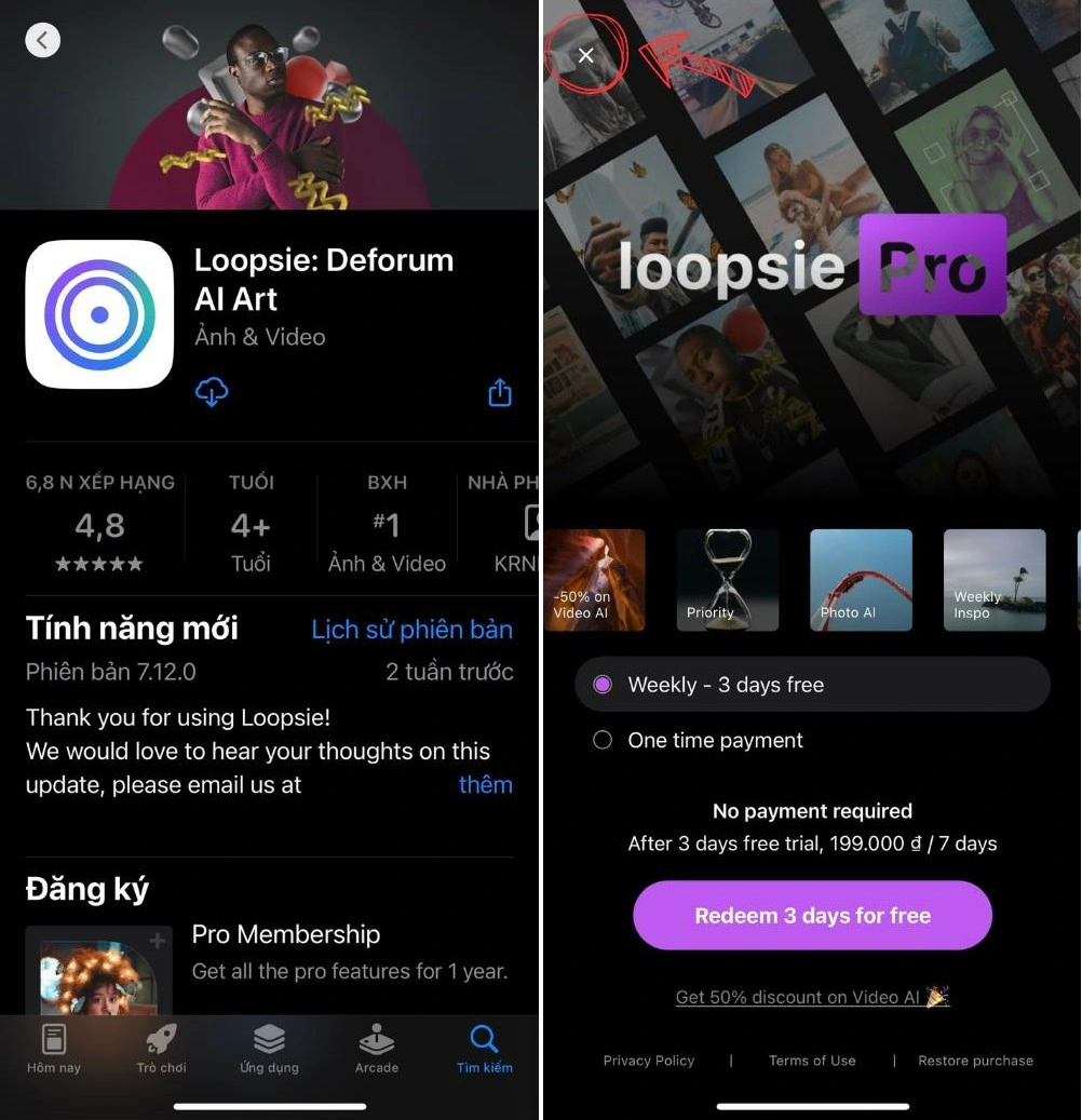 Sau khi cài đặt từ App Store, trong lần đầu dùng Loopsie, bạn lưu ý nhấn vào biểu tượng nút "X" để sử dụng bản dùng thử miễn phí của Loopsie, tránh mất tiền mua bản quyền ứng dụng.