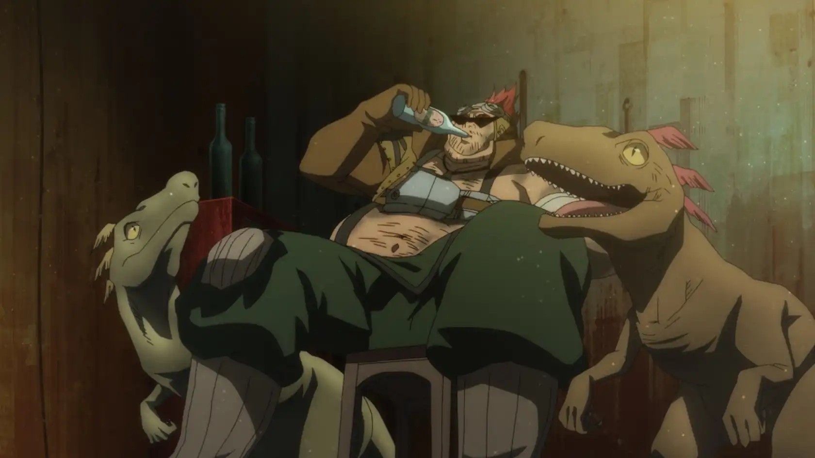 Hình ảnh một nhân vật to lớn, mới lạ đang uống rượu cùng chú khủng long cưng bên cạnh