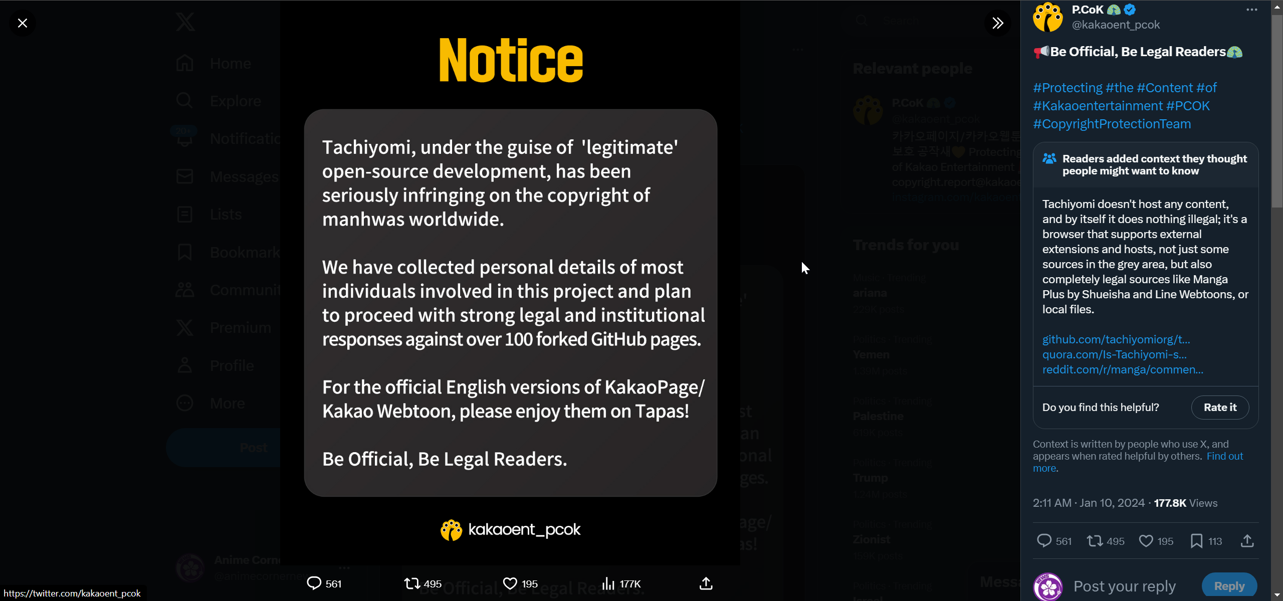 The Tachiyomi group stopped developing the app after Kakao
