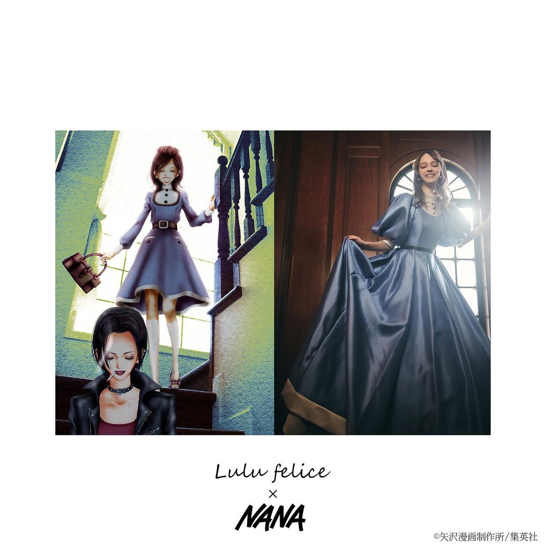 lulu felice x nana blue dress with adjacent manga art