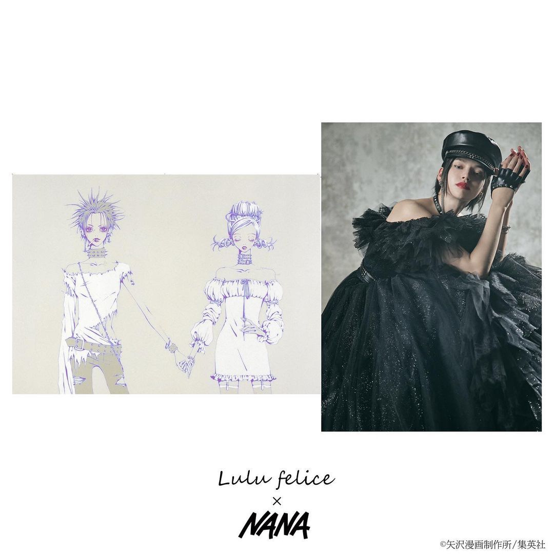 lulu felice x nana black dress with adjacent manga image