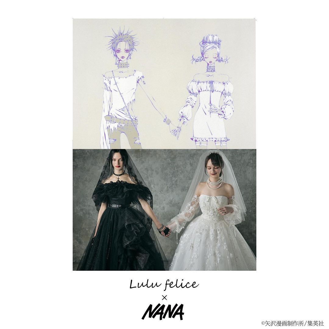 lulu felice x nana black and white dress with adjacent manga artwork