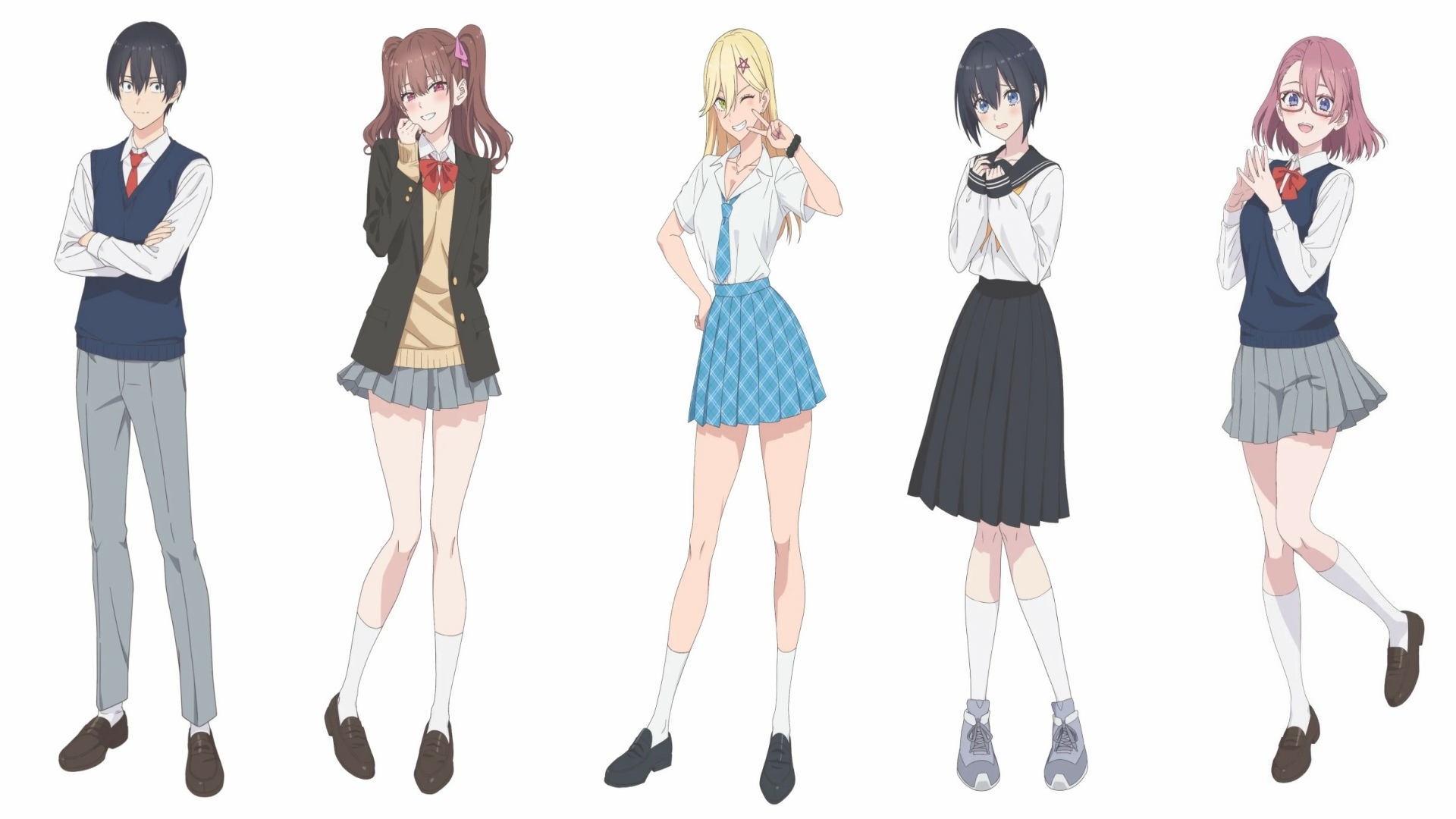 Các nhân vật chính trong Sự quyến rũ 2.5 chiều - Masamune Okumura, Mikari Tachibana, Aria Kisaki, Noah và Ririsa Lilysa Amano (JCStaff)